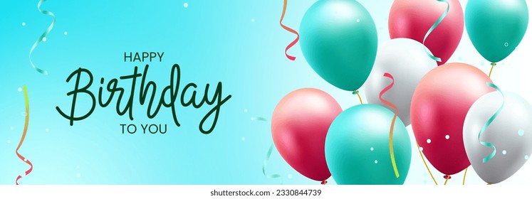 Birthday vector background design. Happy birthday to you text in blue space with floating balloons and confetti party elements for celebrating birth day. Vector illustration.
