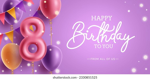 Birthday vector background design. Happy birthday text in purple space with pastel balloons and pennants element for 8th birth day greeting. Vector illustration.
