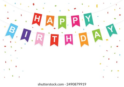 Diseño de fondo de Vector de cumpleaños. Feliz cumpleaños a usted texto con elemento de decoración de confeti para la celebración de cumpleaños. Coloridos banderines, Anuncio con inscripción, tarjeta de cumpleaños, Ilustración vectorial