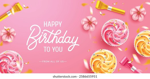 Birthday vector background design. Happy birthday greeting text with cupcakes, cherry blossom and horn in pink space for birth day messages. Vector illustration.
