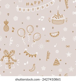 Birthday Vector Background. Seamless Pattern with Hand Drawn Doodle Cake, Fruits, Bunting Flag, Balloons, Gift Box, Stars, Musical Notes and Confetti.