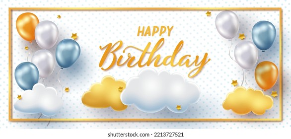 Birthday vector banner design. Happy birthday text in gold frame with balloons and clouds element for birth day celebration messages. Vector illustration.
