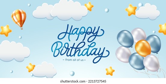 Birthday vector banner design. Happy birthday text in sky with clouds and bunch of balloons element for cute birth day celebration messages. Vector illustration.
