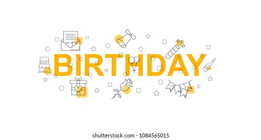 Birthday vector banner. Word with line icon. Vector background