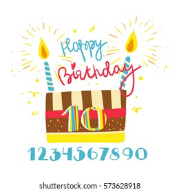 Birthday Vector Card with Birthday Cake and Candles and Inscription Happy Birthday. Can be used for 10 anniversary or another date