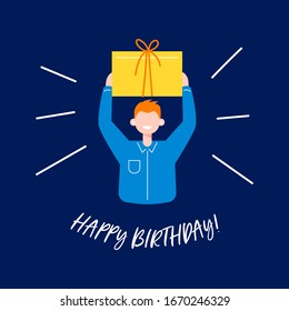 Birthday vector card concept with cute male character holding gify box