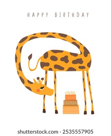 Birthday Vector Card with Cute Giraffe and Birthday Cake. Funny Hand drawn Vector Print with Cartton of Giraffe Bending Down To Eat A Piece of Small Cake. Birthday Greeting with Safari Animal. RGB.