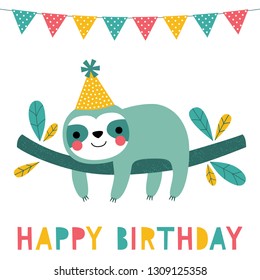 Birthday vector card with a cute sloth