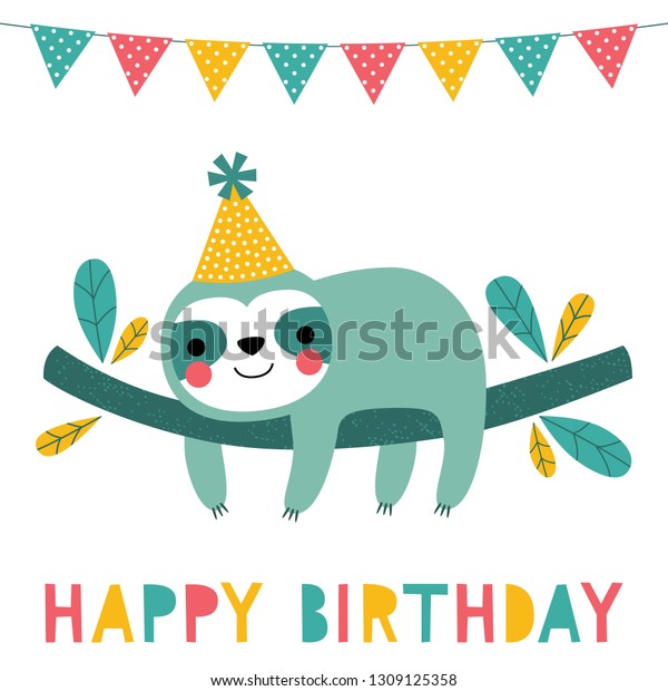 Birthday Vector Card Cute Sloth Stock Vector (Royalty Free) 1309125358