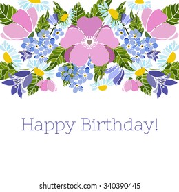Birthday vector card with flowers, vector invitation