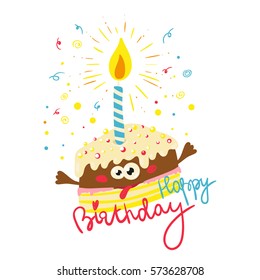 Birthday Vector Card with Funny Birthday Cake, Candle and Inscription Happy Birthday