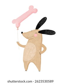Birthday Vector Card with Happy Dog And Pastel Pink Air Balloon Of Bone Shape. Funny Dog ​​Holding A Bone Balloon Standing On a White Background. Lovely Hand Drawn Nursery Art with Sweet Puppy. RGB