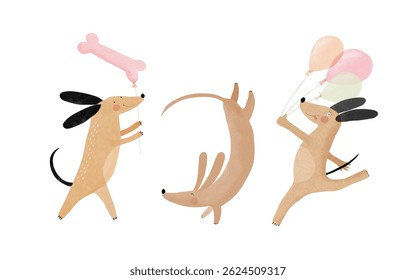 Birthday Vector Card with Happy Dogs And Air Balloons. Funny Dog ​​Holding Bunch of Balloons. Lovely Hand Drawn Nursery Art with Sweet Puppy Doing A Somersault. Dog And Pink Balloon Of Bone Shape.RGB.