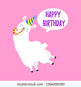 Birthday vector cartoon greeting card design. Doodle illustration. Template, background for print, design. Funny poster with funny lamas. Happy birthday party