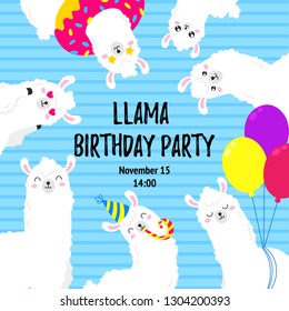 Birthday vector cartoon greeting card design. Doodle illustration. Template, background for print, design. Funny poster with funny lamas. Happy birthday party