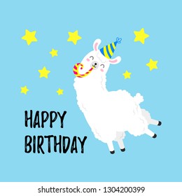 Birthday vector cartoon greeting card design. Doodle illustration. Template, background for print, design. Funny poster with funny lamas. Happy birthday party