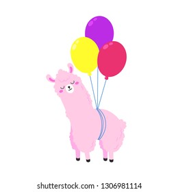 Birthday vector cartoon greeting card design. Doodle illustration. Template, background for print, design. Funny poster with cute llama. Happy birthday party