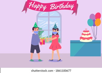 Birthday Vector Concept: Boy wearing face mask and giving birthday gift box to his sister in birthday party at home during coronavirus pandemic