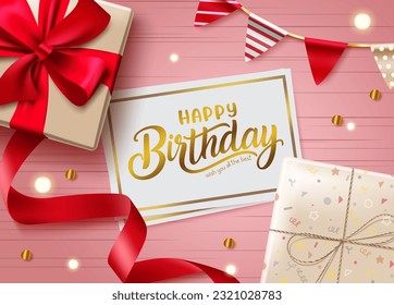 Birthday vector concept design. Happy birthday text in card with gift boxes, pennants and confetti party object for birth day greeting present. Vector illustration.