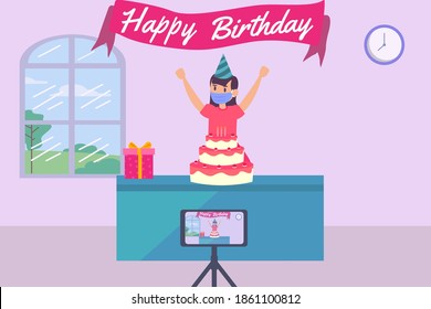 Birthday Vector Concept: Girl wearing face mask and celebrate her birthday alone at home while recording video with a cellphone during coronavirus pandemic