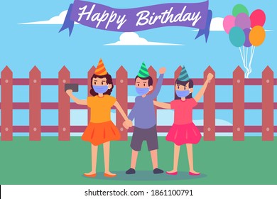 Birthday Vector Concept: Kids Wearing Face Mask And Taking Selfie Photo Together In A Birthday Party At The Backyard