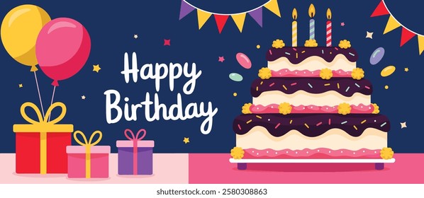 Birthday vector design template. Festive illustration with balloons, confetti, and cake, perfect for invitations, greeting cards, and celebration themes.