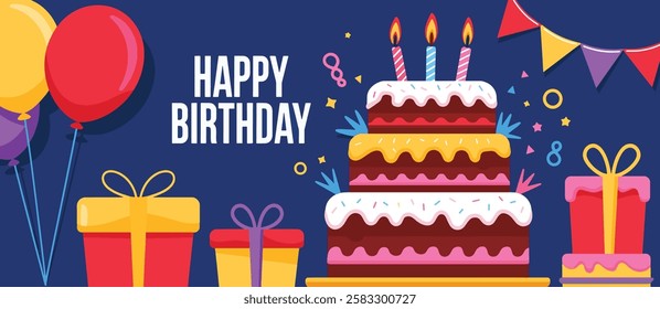Birthday vector design template. Festive illustration with balloons, confetti, and cake, perfect for invitations, greeting cards, and celebration themes.