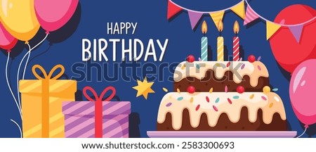 Birthday vector design template. Festive illustration with balloons, confetti, and cake, perfect for invitations, greeting cards, and celebration themes.