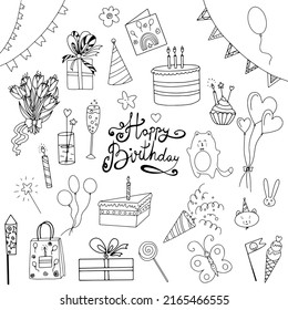Birthday, vector doodle icons, anniversary celebration