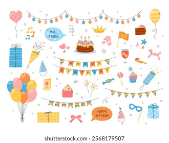 Birthday vector elements set. Funny flat colorful hand drawn kid bday design objects isolated. Cute birthday cake, party hat, cracker, balloons, gift boxes. Joyful childish illustrations collection.