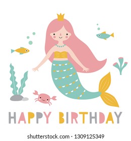 Birthday vector greeting card with a cute cartoon mermaid