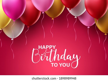 Birthday vector greeting card design. Happy birthday text with colorful balloons for invitation and celebration greeting card in red background. Vector illustration.
