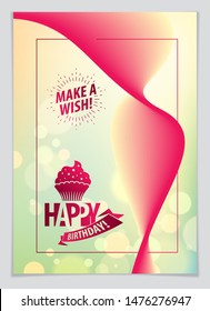 Birthday vector greeting card. Includes lettering composition and balloons combined with wavy fluid colorful shape abstract background. A4 format with CMYK colors acceptable for print.