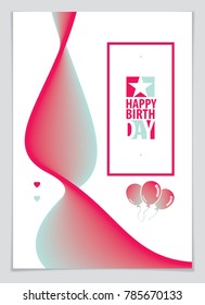 Birthday vector greeting card. Includes lettering composition and balloons combined with wavy fluid colorful shape abstract background. A4 format with CMYK colors acceptable for print.