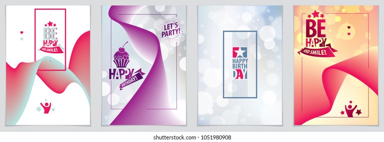 Birthday vector greeting cards set. Includes lettering composition and balloons combined with wavy fluid colorful shape abstract backgrounds collection. A4 format with CMYK colors