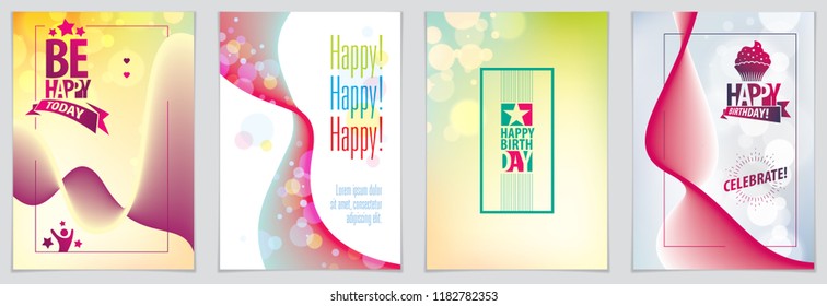 Birthday vector greeting cards set. Includes lettering composition and balloons combined with wavy fluid colorful shape abstract backgrounds collection.