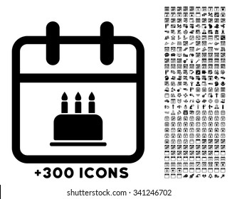 Birthday vector icon with additional 300 date and time management pictograms. Style is flat symbols, black color, rounded angles, white background.