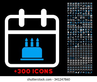 Birthday vector icon with additional 300 date and time management pictograms. Style is bicolor flat symbols, blue and white colors, rounded angles, black background.