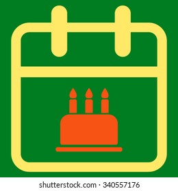 Birthday vector icon. Style is bicolor flat symbol, orange and yellow colors, rounded angles, green background.