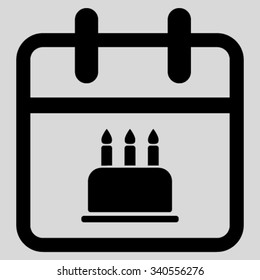 Birthday vector icon. Style is flat symbol, black color, rounded angles, light gray background.