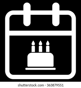 Birthday vector icon. Style is flat symbol, white color, rounded angles, black background.