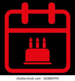 Birthday vector icon. Style is flat symbol, red color, rounded angles, black background.