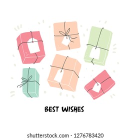 Birthday vector illusration with colorful gift boxes isolated on white. Birthday greeting simple minimalistic postcard on white background. Perfect for tshirts, posters, cards, postcards, stationery