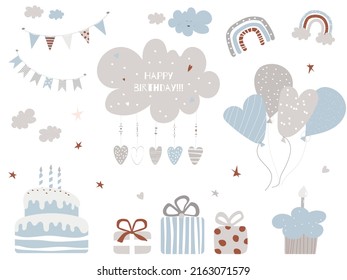 Ilustración vectorial de cumpleaños con tarta, cajas de regalo y globos. Cuidados cuadros decorativos para niños con regalos y elementos festivos