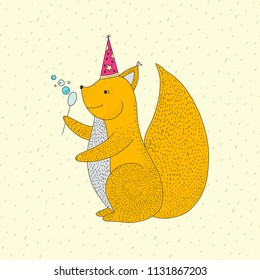 Birthday vector illustration with cartoon cute squirrel and bubble blower.