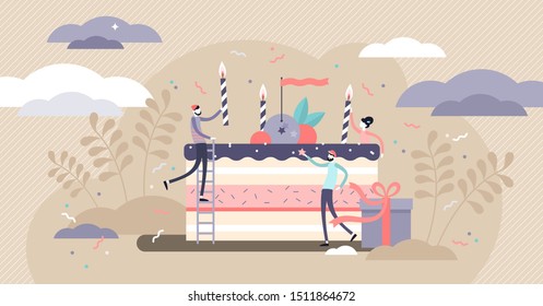 Birthday vector illustration. Flat tiny party event organizing persons concept. Decoration, venue and cake management business for festive celebration. Presents and candles as traditional fun symbols. svg