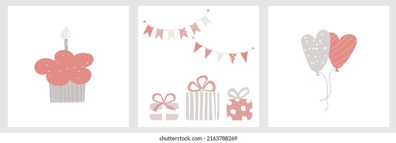 Ilustración vectorial de cumpleaños con pasteles y cajas de regalo. Cuidados cuadros decorativos para niños con regalos y elementos festivos para postales