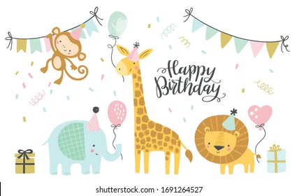 Birthday Vector Illustrations. Set Of Cute Cartoon Jungle Birthday Animals Illustration For Greeting, Invitation Kids Birthday Card Design
