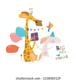 Birthday vector illustrations. Set of cute cartoon jungle birthday animals illustration for greeting, invitation kids birthday card design