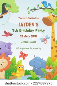 Birthday vector illustrations. Set of cute cartoon jungle birthday animals illustration for greeting, invitation kids birthday card design: lion, hippo, parrot, tiger, giraffe, butterfly, fox, frog